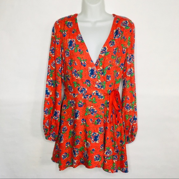 Zara Trafaluc Red Foral Romper Wrap Dress - M  NEW - Picture 3 of 8